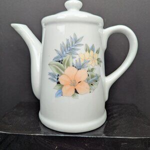 Vintage Dutchess Stoneware 6 Cup Coffee Server with Lid Floral Hibiscus Flower